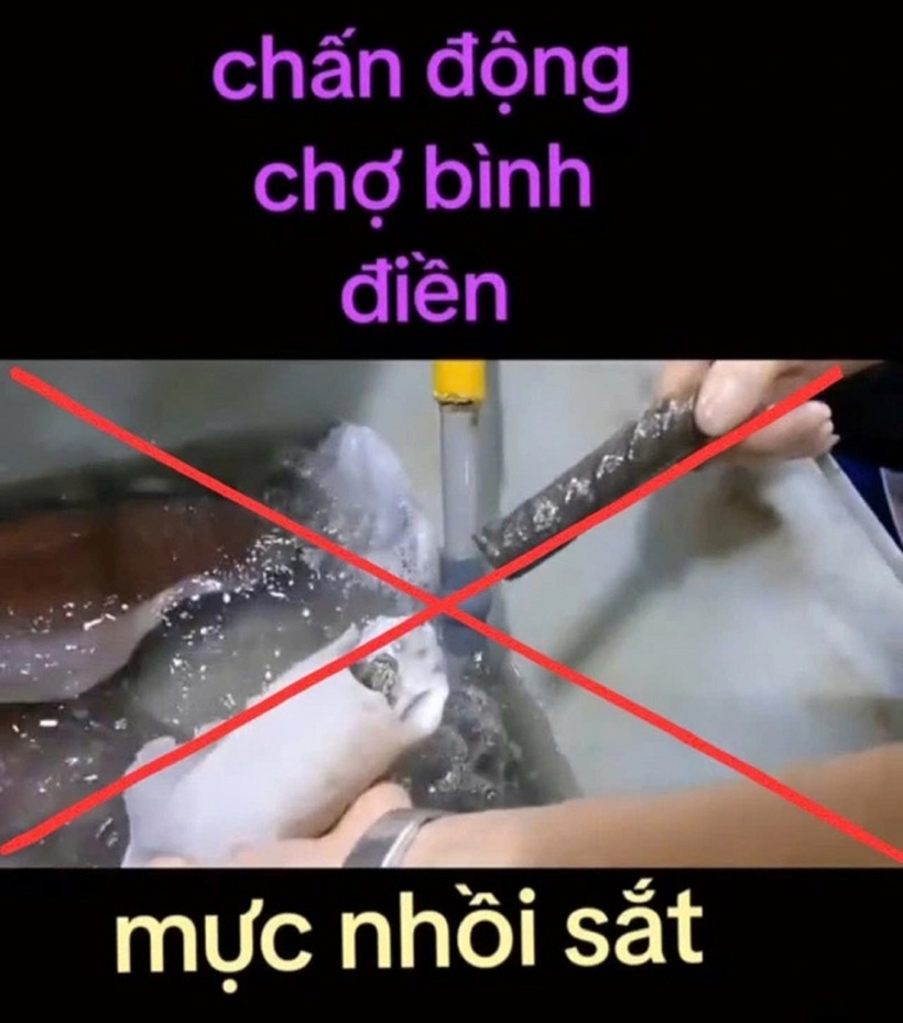 Hình ảnh mực nhồi sắt ở chợ Bình Điền có trong đoạn clip là sai sự thật. Ảnh: Công an Nhân dân