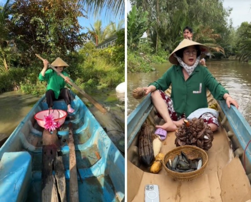 Bà mẹ chồng người Hàn mặc bộ đồ lanh cùng một chiếc nón lá hóa thân thành người phụ nữ nông thôn Việt Nam. Ảnh: Báo Dân trí.