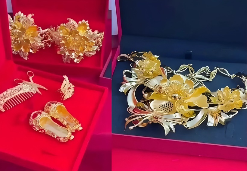 Một số trang sức, đồ dùng bằng vàng của cô dâu. Ảnh: Sing Tao Daily.