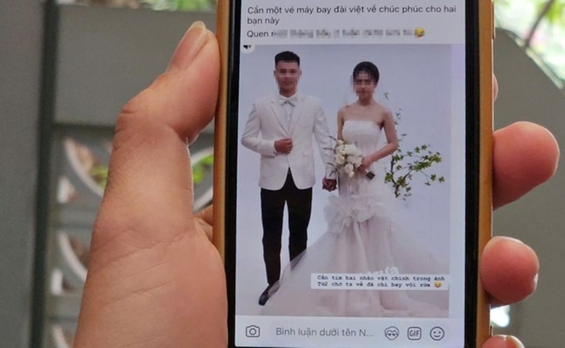 Thông tin, hình ảnh chồng chụp ảnh cưới với người phụ nữ khác được chị T. đăng tải trên trang Facebook cá nhân. (Ảnh: Dân trí)