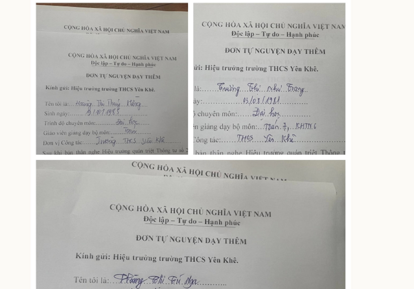 Những lá đơn tự nguyện dạy thêm của 16 giáo viên Trường THCS Yên Khê. Ảnh: Báo Nghệ An