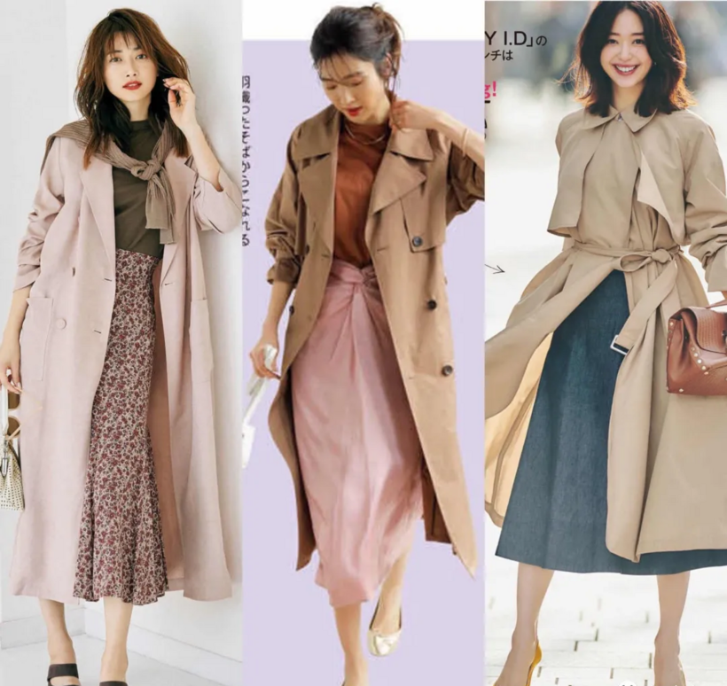 Trench coat mix cùng váy midi hay set áo + chân váy xòe nhẹ để tạo hiệu ứng vóc dáng mảnh mai, duyên dáng hơn.