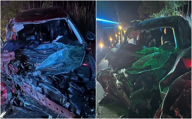 Chiếc ô tô nát bét sau vụ va chạm với xe khách. (Ảnh: Sài Gòn giải phóng)