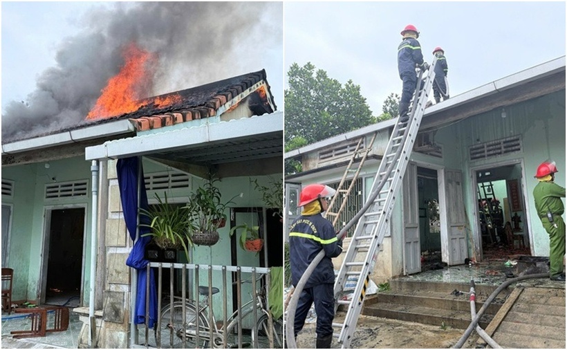 Lực lượng công an nhanh chóng tiếp cận hiện trường dập lửa. (Ảnh: Công an Quảng Nam)