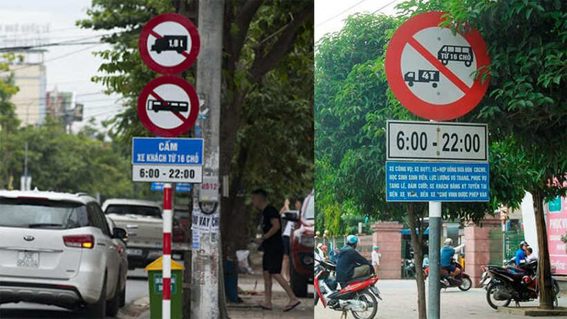 Hình ảnh thực tế của biển cấm xe khách đặt tại các vị trí giao thông dễ ùn tắc, tai nạn.