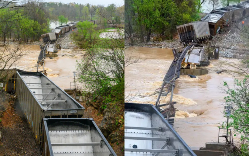 Hiện trường vụ nhiều toa tàu bị lũ cuốn ở bang Arkansas (Mỹ). (Ảnh: Fox Weather).