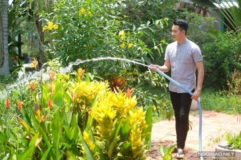 Có sở thích chăm sóc vườn tược, Nguyễn Phi Hùng tranh thủ thời gian tưới cây, tỉa cành, nhổ cỏ, bón phân... Anh chia sẻ, dù không về thăm nhà thường xuyên nhưng vẫn thuê người trông coi, đảm bảo khu vườn luôn tươi tốt.