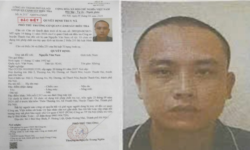 Đối tượng Nguyễn Văn Nam và quyết định truy nã. (Ảnh: CAHN)