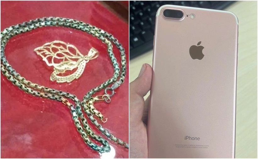 Sợi dây chuyền vàng và điện thoại đối tượng cướp của bà H. (Ảnh: Công an tỉnh Đồng Nai)