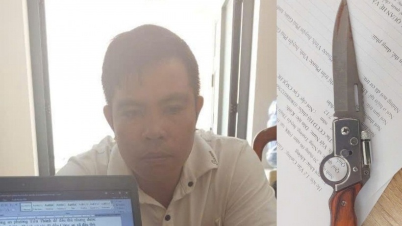 Lê Văn Cường cùng con dao gây án. Ảnh: Công an nhân dân.