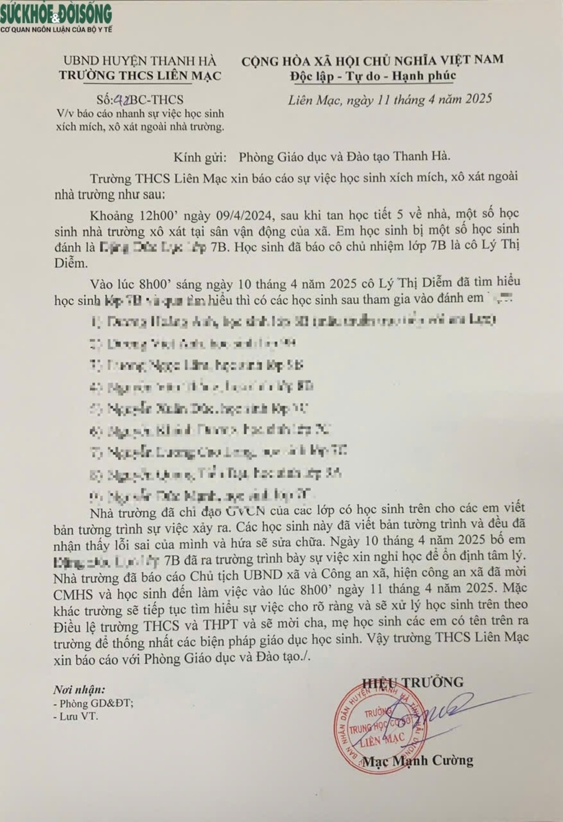 Báo cáo sự việc của Trường THCS Liên Mạc. Ảnh: Sức khỏe & Đời sống