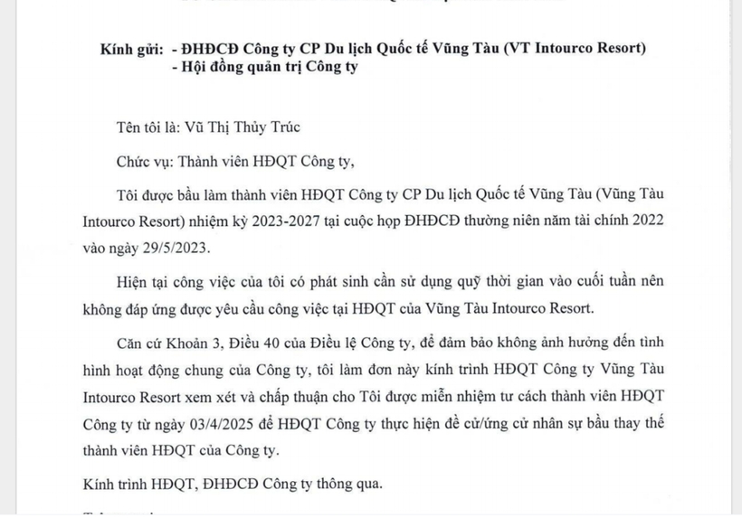 Đơn xin từ nhiệm vị trí thành viên HĐQT VIR của bà Vũ Thị Thủy Trúc. Ảnh chụp màn hình.