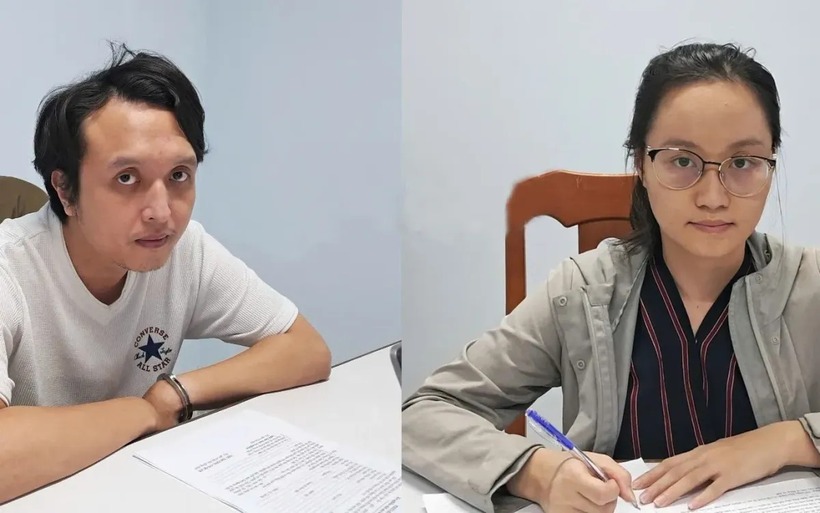 Nguyễn Như Quân và Hồ Ái Phượng tại cơ quan Công an. (Ảnh: Cơ quan công an)