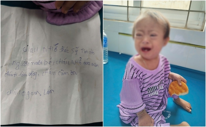 Bé gái bị mẹ bỏ rơi kèm mẩu giấy viết  "nhờ bác sĩ tìm người nuôi". (Ảnh: Báo Gia Lai)