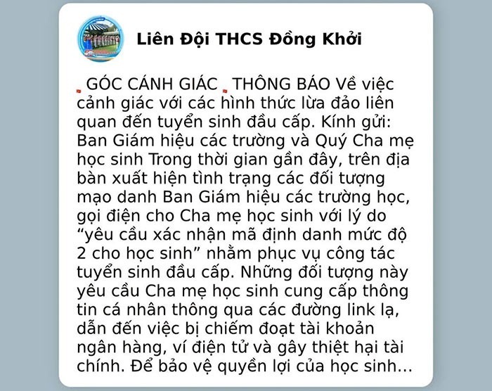 Trường THCS Đồng Khởi phát cảnh báo đến phụ huynh học sinh. Ảnh: Tạp chí Giáo dục TP.HCM