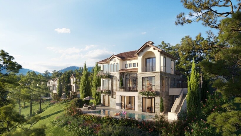 Hơn một nửa diện tích biệt thự Luxury được dành cho cảnh quan ngoài nhà, đi kèm bể bơi riêng rộng hơn 48m², mang đến không gian sống thoáng đãng và gắn kết với thiên nhiên.