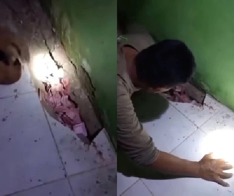 Bên dưới lớp gạch, anh bàng hoàng phát hiện một khoang nhỏ đầy những tờ tiền mệnh giá 10.000 rupiah. Ảnh: Saostar.