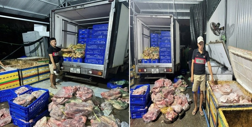 4.254 kg thịt heo chết đã được pha lóc thành phẩm đang trong tình trạng bị biến đổi màu sắc, có mùi hôi thối. Ảnh: Công an tỉnh Đồng Nai.