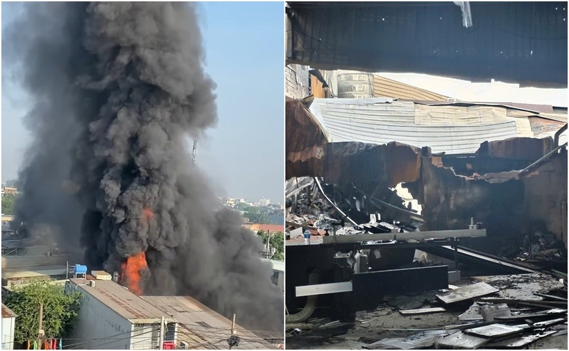 Vụ cháy khiến một cơ sở làm gỗ liền kề bãi xe bị ảnh hưởng. (Ảnh: Thanh niên)