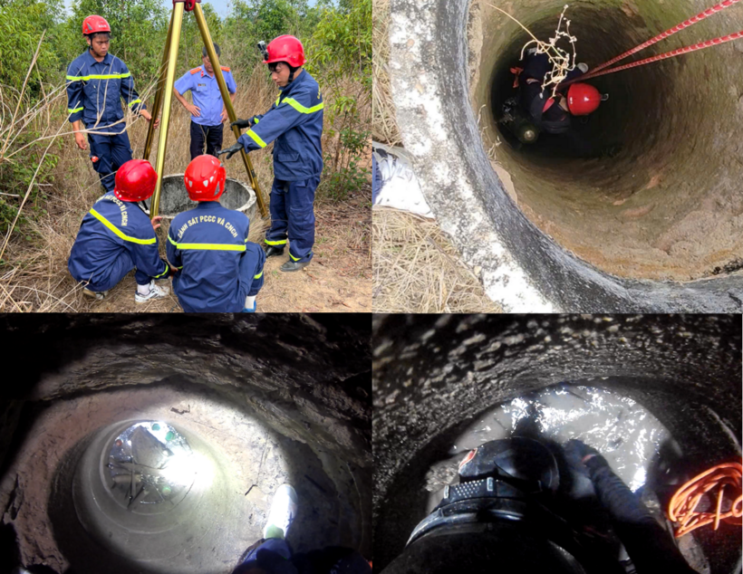 Lực lượng Cảnh sát PCCC và CNCH triển khai đội hình và di chuyển xuống đáy giếng. (Ảnh: Công an tỉnh Kon Tum)