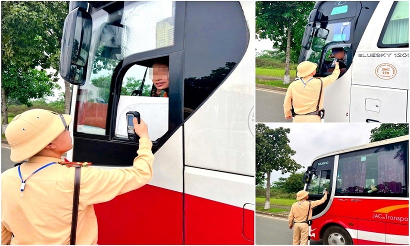 CSGT dừng phương tiện, kiểm tra nhanh nồng độ cồn lái xe.