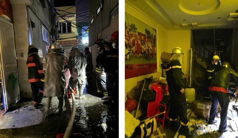 Thời điểm lực lượng chức năng chữa cháy và cứu nạn. (Ảnh: Công an)