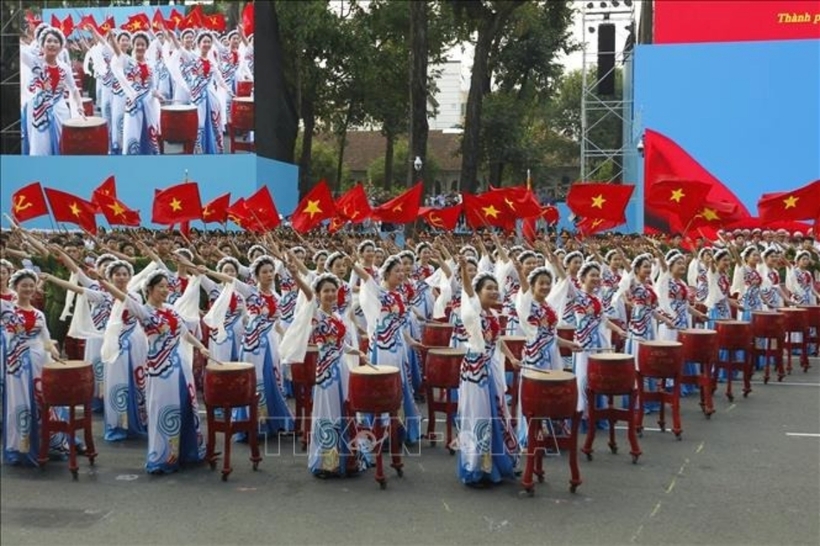 Màn trống hội “Bản hùng ca toàn thắng” do các học viên Học viện Cảnh sát Nhân dân, Bộ Công an biểu diễn.