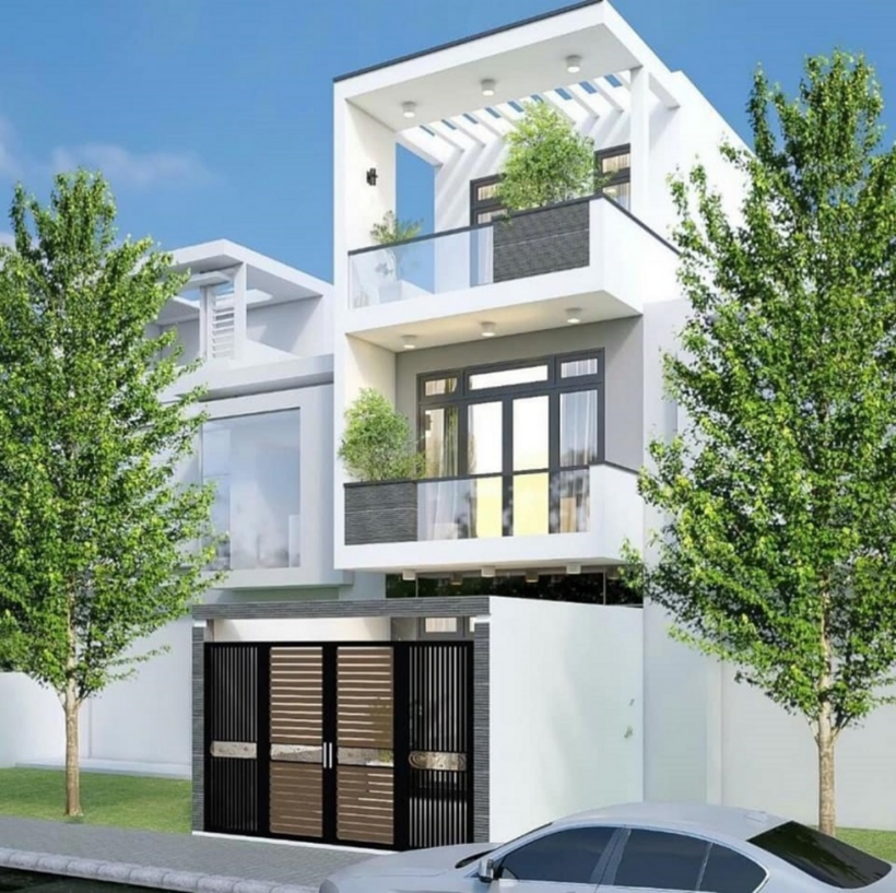 Mẫu nhà lấy tone trắng phối hợp với màu đen sang trọng có phần ban công diện tích rất rộng.