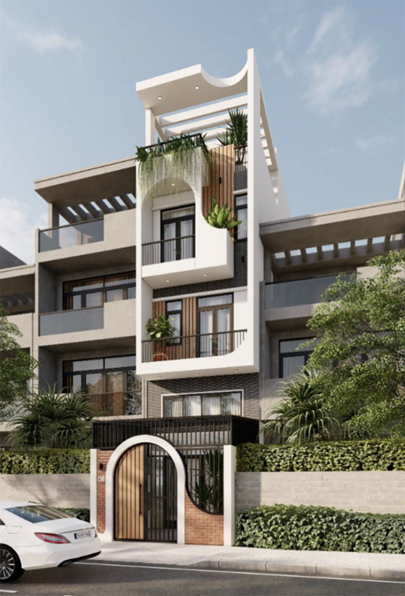 Đi theo phong cách phương Tây sang trọng, hiện đại nhưng ngôi nhà vẫn mang đến cho bạn sự ấm áp bởi phần vật liệu gỗ ở phía ngoài căn nhà.