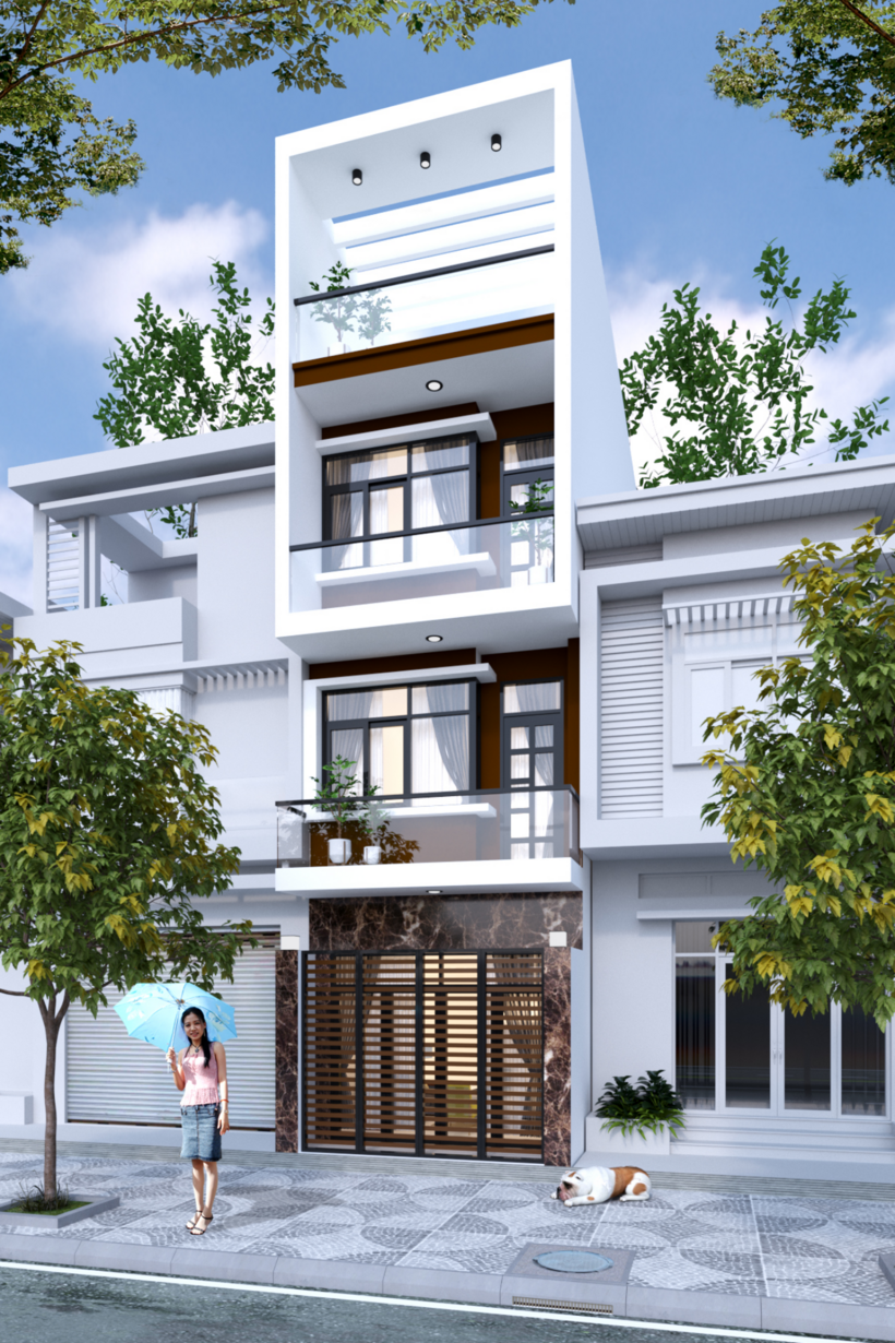 Đây là mẫu nhà ở có thiết kế tối giản phù hợp với những gia đình muốn tiết kiệm chi phí xây dựng để đầu tư vào nội thất. Các phần của ngôi nhà được làm theo từng khối cân đối, trông rất bắt mắt. Việc lắp thêm khung cho phần sân thượng cũng đảm được sự an toàn cho gia đình.