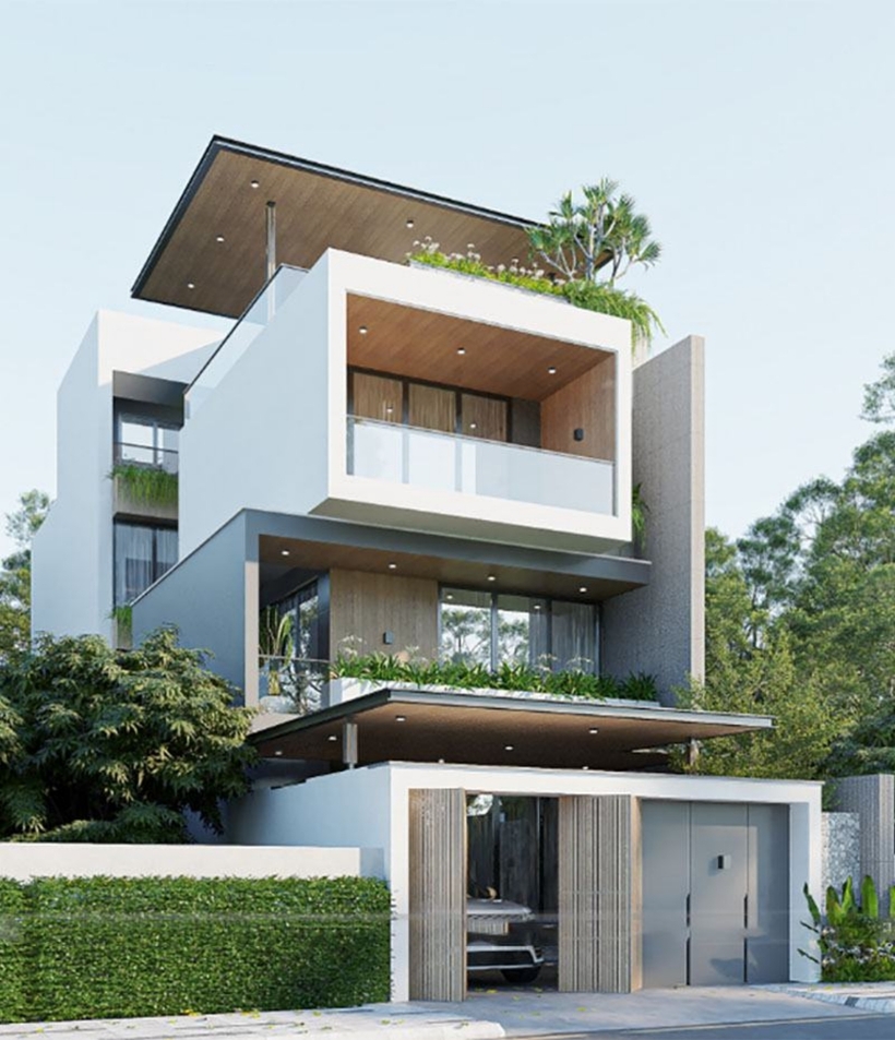 Các đường nét kiến trúc vuông vức cùng gỗ nhựa ngoài trời tạo nên sự mới mẻ và sang trọng cho ngoại thất.