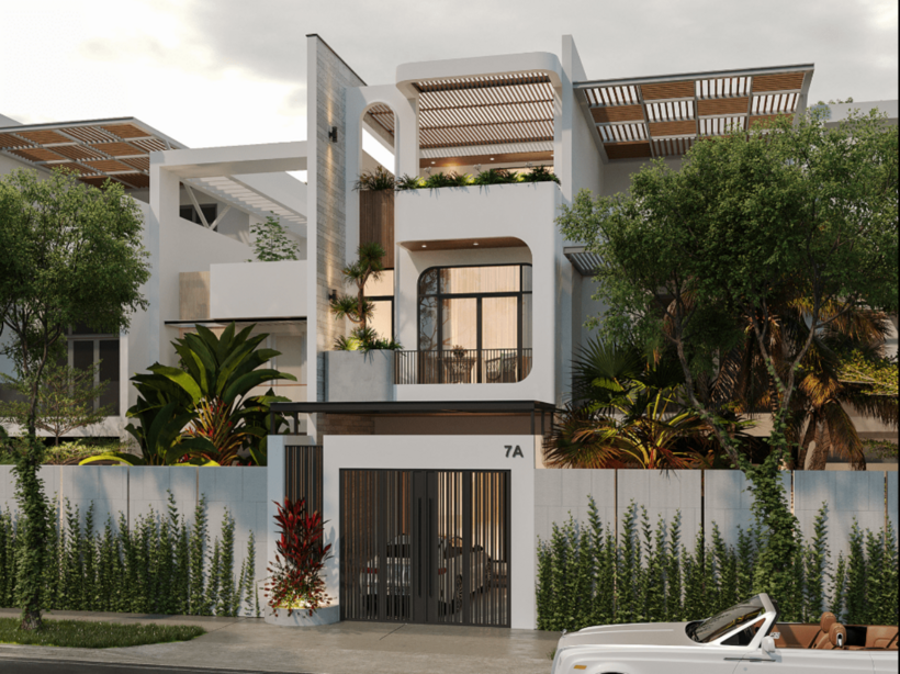 Không gian tầng trệt của mặt bằng nhà phố này bao gồm có khu vực gara ô tô, sân vườn phía trước hàng rào dùng để trồng cây xanh và khu vực thư giãn.