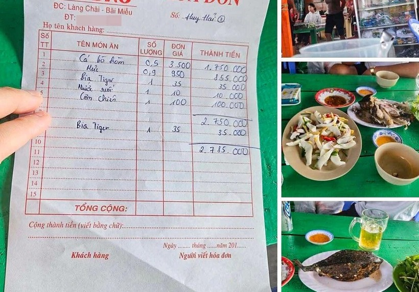 Hóa đơn món ăn với giá món cá bò hòm 3,5 triệu đồng/kg. (Ảnh: Pháp luật TP.HCM)