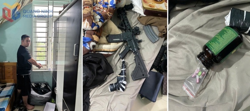 Đối tượng Hoàng Minh Thành và tang vật thu giữ tại nơi ở. Ảnh: Báo Quảng Ninh