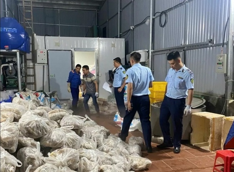 Hơn 11 tấn thực phẩm đông lạnh như: lòng bò, thịt bò, gân bò, xương bò…được đựng trong túi ni long. Ảnh: Báo Công an Nhân dân.