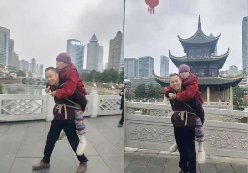 Hình ảnh anh Chen cõng mẹ đi khắp nơi cũng nhanh chóng được lan truyền, nhận được nhiều lời khen ngợi, động viên. Ảnh: Saostar.