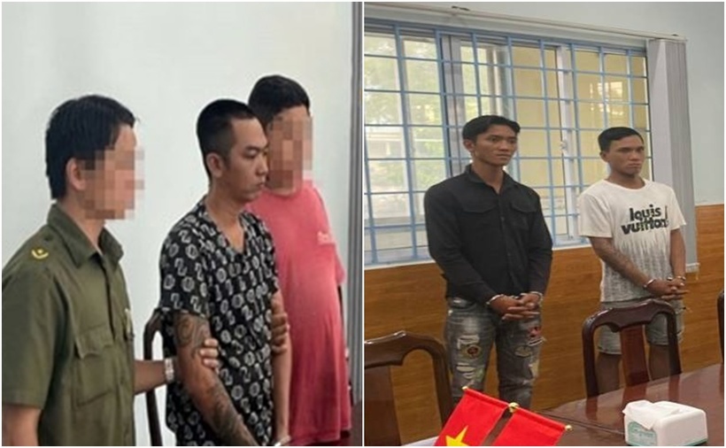 Công an tỉnh Kiên Giang tống đạt lệnh bắt tạm giam Bằng (đối tượng mặc áo đen trắng) và 2 đối tượng khác. (Ảnh: Cơ quan công an)