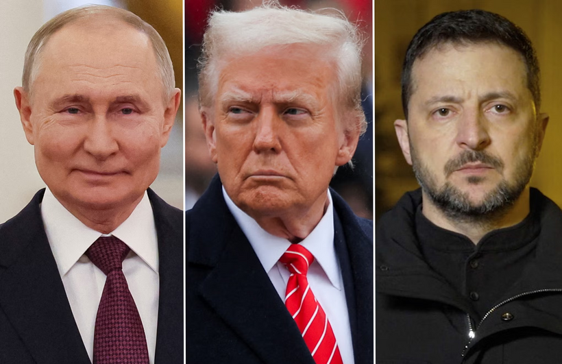 Tổng thống Nga Vladimir Putin, Tổng thống Mỹ Donald Trump, Tổng thống Ukraine Volodymyr Zelensky (từ trái sang). Ảnh: Independent