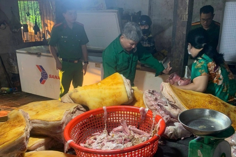 Số thịt heo bị nhiễm dịch tả châu Phi được kiểm tra trước khi mang đi tiêu hủy. (Ảnh: Công an Bình Phước)