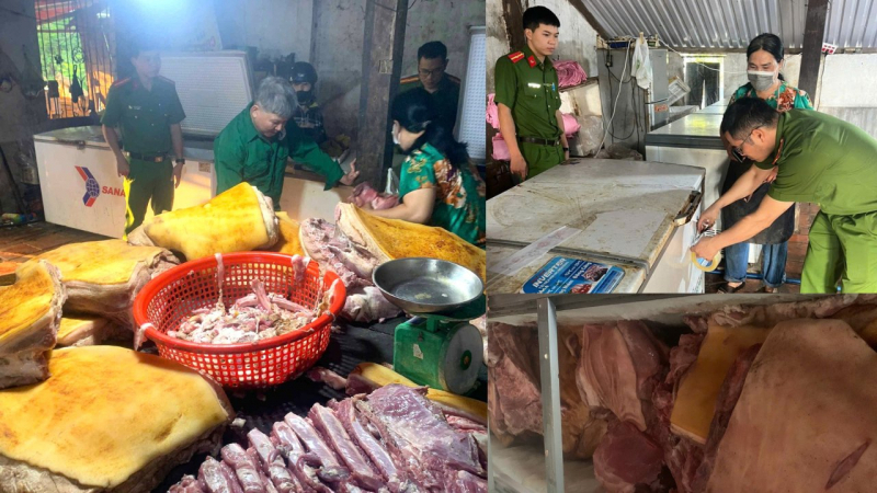 Đoàn liên ngành kiểm tra và niêm phong số thịt heo bị ôi thiu và dương tính với virus dịch tả lợn châu Phi trước khi đem đi tiêu hủy. (Ảnh: CAND)