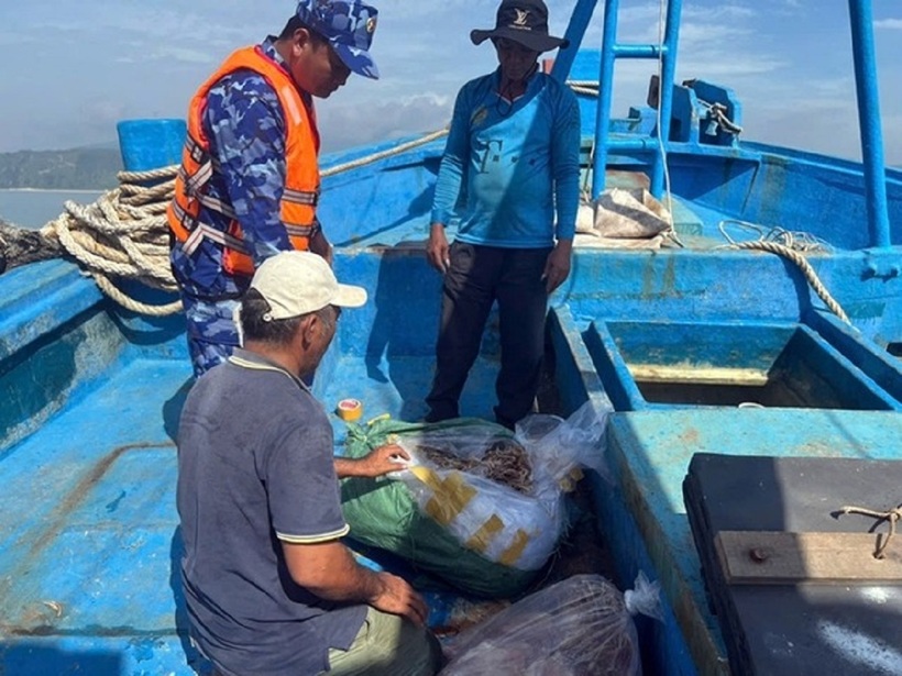 Lực lượng cảnh sát biển kiểm tra tàu cá vi phạm. Ảnh: Người lao động