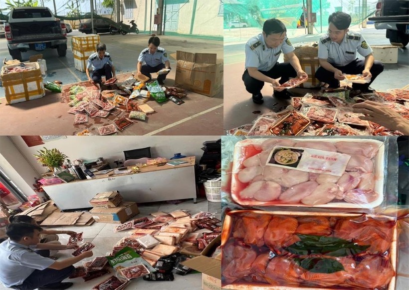 Lực lượng chức năng thu giữ số thực phẩm không rõ nguồn gốc tại cửa hàng Đào Sen. Ảnh: Công an Thanh Hóa