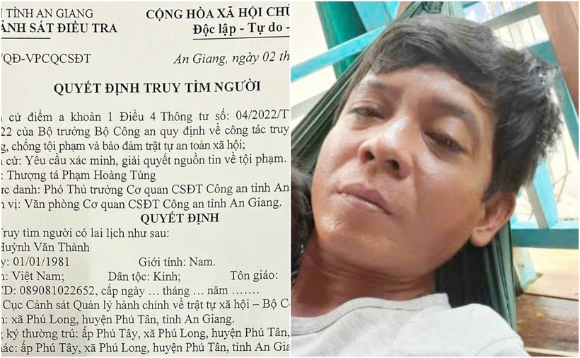 Cơ quan cảnh sát điều tra Công an tỉnh An Giang ra quyết định truy tìm đối tượng Huỳnh Văn Thành theo nguồn tin tố giác đã lừa đảo chiếm đoạt hơn 1,35 tỷ đồng tiền mua lúa của nông dân. (Ảnh: Cơ quan công an)