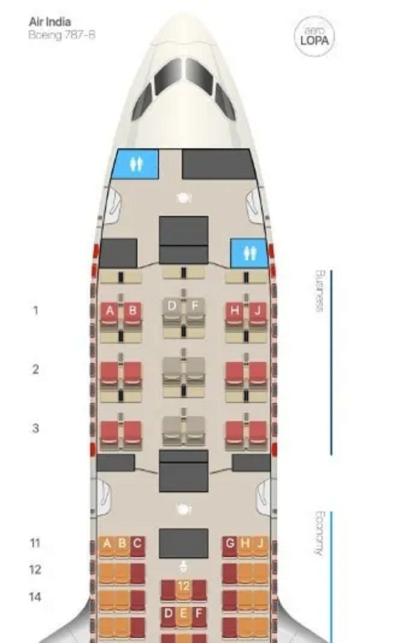 Sơ đồ chỗ ngồi máy bay Boeing 787-8. Ảnh: INDIA TODAY