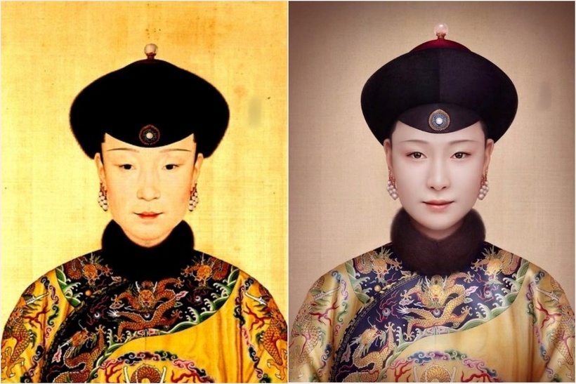 Chân dung của Phù Sát Hoàng hậu được vẽ bởi các họa sĩ thời Càn Long (bên trái) và hình ảnh do AI tạo ra. Ảnh: Sohu
