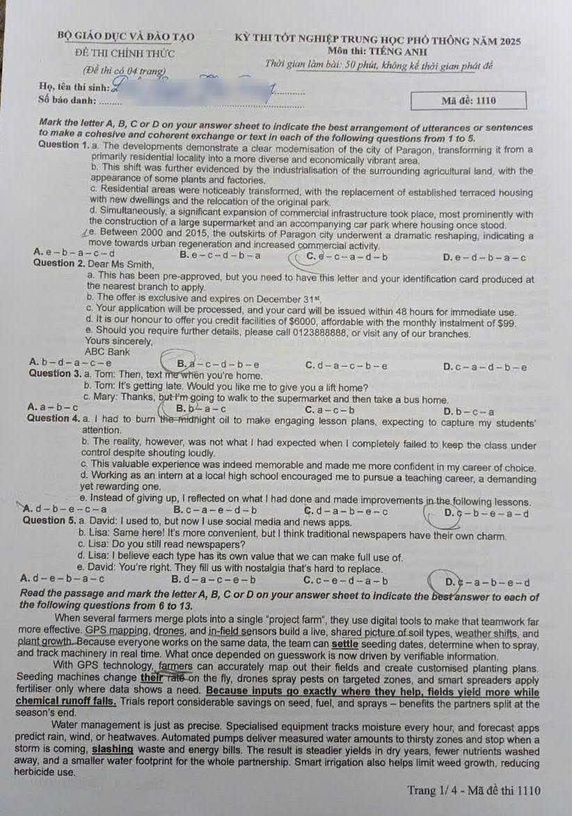 Đáp án, đề thi môn Tiếng Anh mã đề 1110 tốt nghiệp THPT 2025: Cập nhật nhanh nhất, chính xác nhất - 1