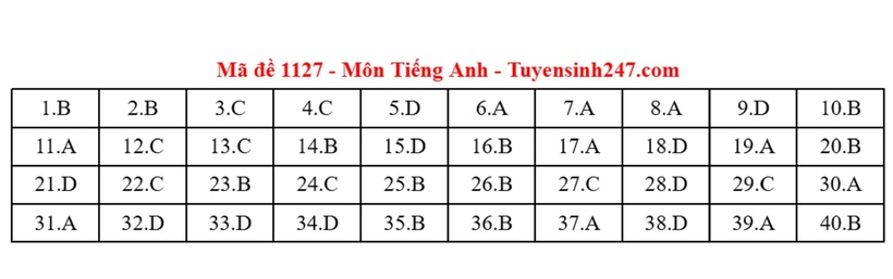 Đáp án gợi ý môn Tiếng Anh mã đề 1127 tốt nghiệp THPT 2025