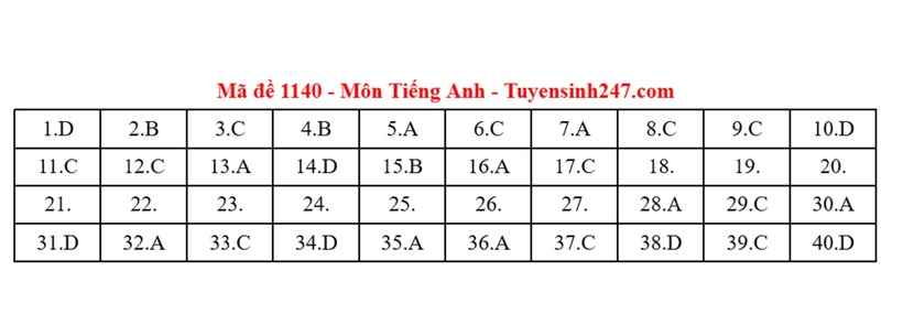 Đáp án gợi ý môn Tiếng Anh mã đề 1141 tốt nghiệp THPT 2025