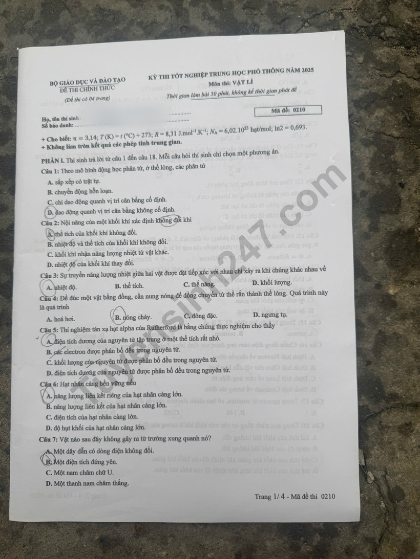 Đáp án gợi ý, đề thi môn Vật lý mã đề 0210 tốt nghiệp THPT 2025 chính xác nhất - 2