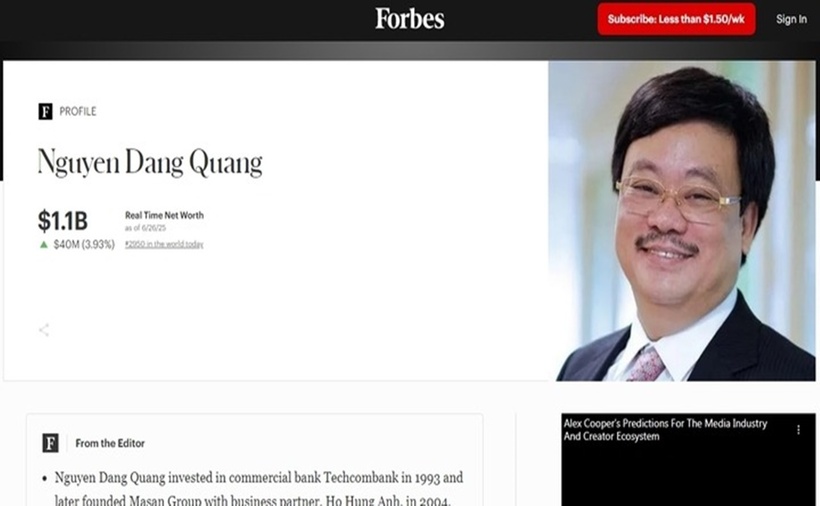 Ông Nguyễn Đăng Quang trở lại danh sách tỷ phú của Forbes. (Ảnh chụp màn hình)